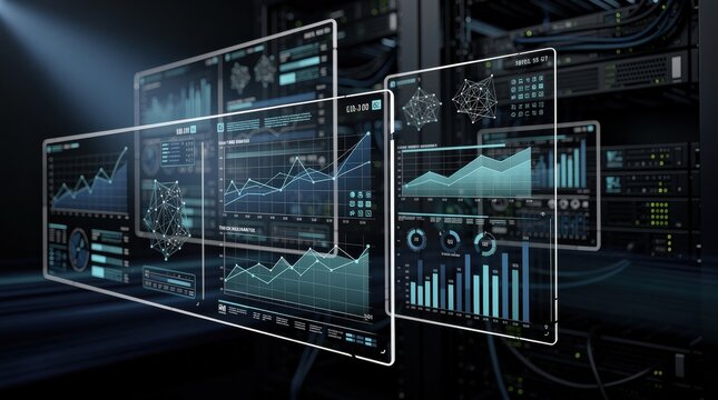 A digital dashboard displaying data analytics with graphs and charts, set against a backdrop of server racks.