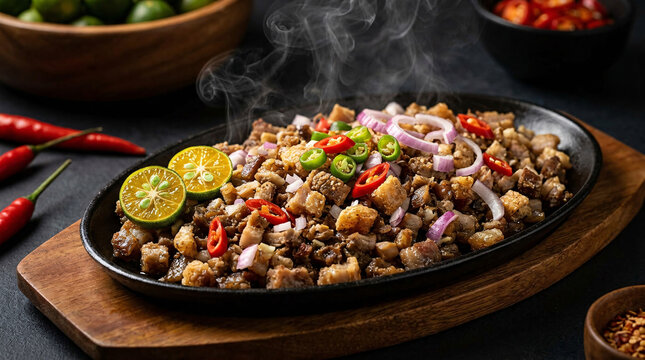 Fresh calamansi juice being squeezed over sizzling Filipino sisig, emphasizing authentic preparation, flavor enhancement, and culinary tradition.