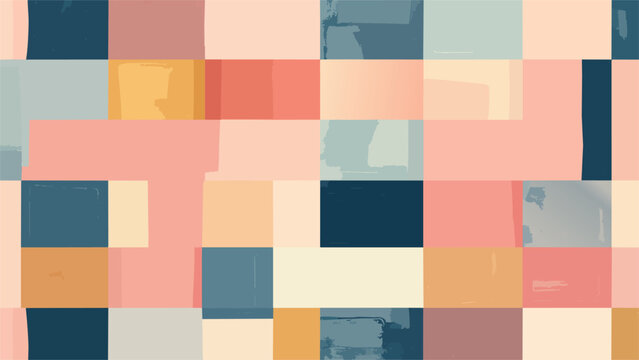 Soft pastel color block grid seamless pattern with pink, coral, teal, and cream rectangular shapes, modern minimal design for textile, wallpaper, and home decor.
