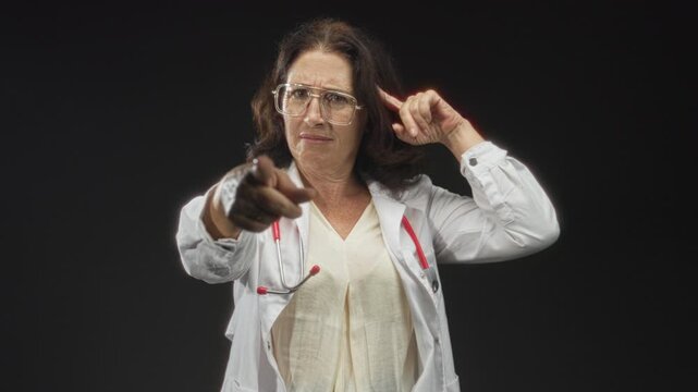 Woman doctor in white coat points finger at camera while touching temple in studio; assertive authority.