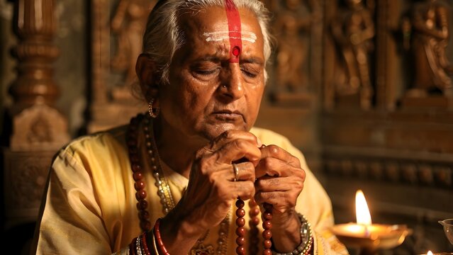 Indian priest meditating with prayer beads in a temple by candlelight