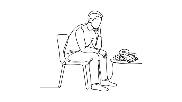 A man sitting on a chair looking depressed next to a table with food.