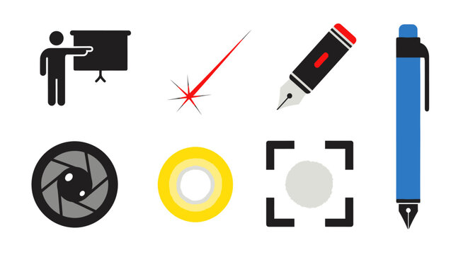 Presentation, Laser, Pen, Camera Icons: Business and Technology Concepts