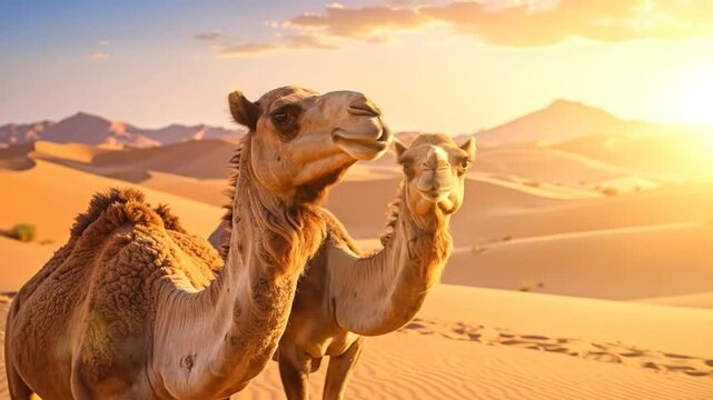 Two camels stand together in a vast sandy desert at sunset