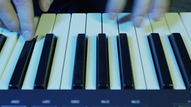 Close up of male hands skillfully playing chords and melodies on a digital synthesizer keyboard. The scene is bathed in the dynamic glow of shifting purple, blue, and green neon lights,