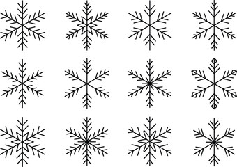 Obraz premium Elegant collection of twelve minimalist black line snowflake icons on white background, capturing a clean festive winter light.