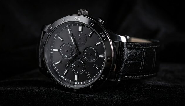 Sleek, dark wristwatch with chronograph dials, leather strap, set against black velvet