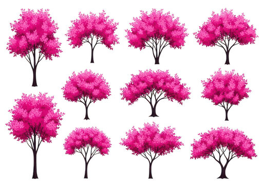 Set of pixel art pink cherry blossom trees for game design and landscape decoration