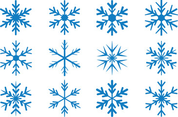Fototapeta premium Twelve blue snowflake vector icons isolated on a white background creating a festive winter atmosphere with cold lighting.