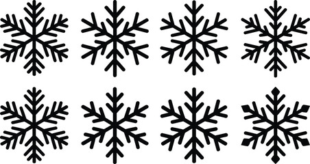 Collection of eight unique black snowflake icons arranged on a bright white background to create a festive winter atmosphere. © Vector Expert