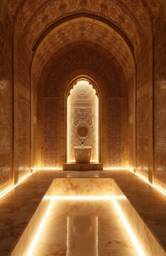 Ornate Middle Eastern bathhouse interior with marble surfaces. Arched doorways and walls feature intricate arabesque carvings. Ambient warm lighting highlights the luxurious design.
