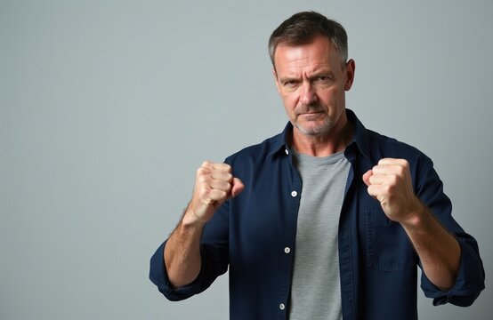 Mature man poses with clenched fists, showing aggression or readiness for fight. He looks directly at camera with determined, stern facial expression, conveying strength, defiance against adversity.