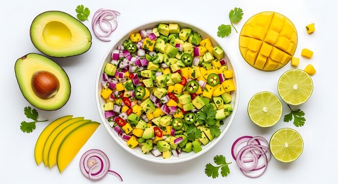 Fresh mango avocado salsa in a white bowl with sliced fruit ingredients arranged on a kitchen table surface. avocado mango salsa