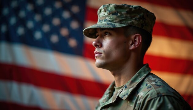 Young soldier in camouflage uniform and cap looks into distance with US flag background. Male service member reflects on duty and patriotism.