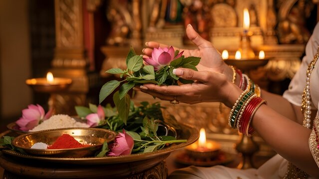 Woman's hands offer sacred lotus and tulsi leaves during a Hindu puja ritual.