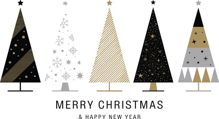 Elegant minimalist Christmas greeting card featuring five artistic geometric trees in gold and black for holiday celebrations. © Vector Expert