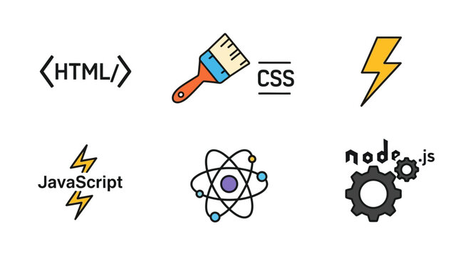 Web Development Icons: HTML, CSS, JavaScript, Node.js, Atom, Lightning Bolt