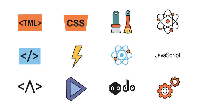 Web Development Icons: HTML, CSS, JavaScript, Node, Atoms, Tools
