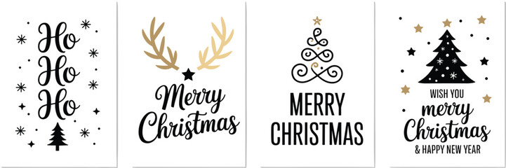 Elegant set of four minimalist Christmas greeting cards with festive typography and trees against a clean studio-lit backdrop. © Vector Expert