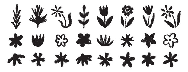Fototapeta premium Grunge trendy doodle flowers leaves set. Hand drawn brush flowers crayon, chalk texture. Flowers textured collection