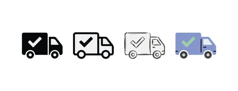 Delivery truck icons in various styles including solid outline sketch and filled designs perfect for logistics ecommerce and transportation graphics isolated on transparent background