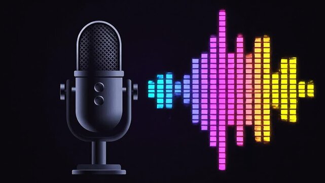 Black Microphone Emitting Colorful Soundwave on Black Background Videgraphy Illustration with Copy Space