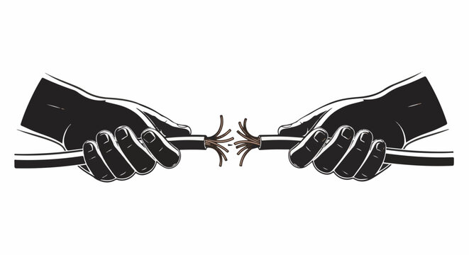 Two hands pull apart a frayed electrical cord, exposing inner wires