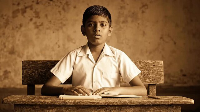 Young Indian school student diligently reading a book at a traditional wooden desk in a humble classroom setting, symbolizing learning