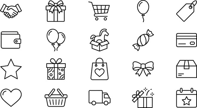 Birthday gift and holiday shopping line icon set for celebration retail store business ecommerce interface vector graphic