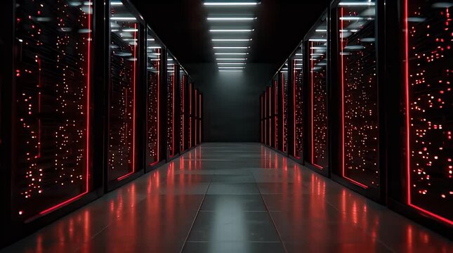 Futuristic Data Center with Red LED Lighting and Server Racks