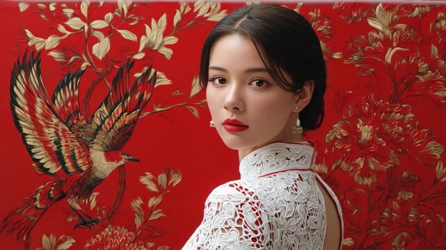 Elegant Serenity: A young woman in a traditional white lace qipao with striking red embroidery stands against a vibrant red backdrop, exuding timeless grace and sophistication. Her gaze is direct.