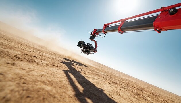 A red camera crane is positioned in a dusty desert landscape under a clear blue sky. The sun shines brightly, casting a long shadow on the ground.