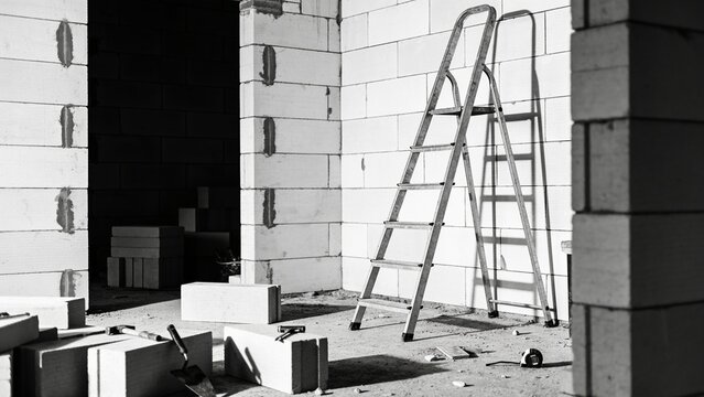 A construction site with a metal ladder leaning against a wall. There are scattered building blocks and tools on the ground, indicating ongoing work.
