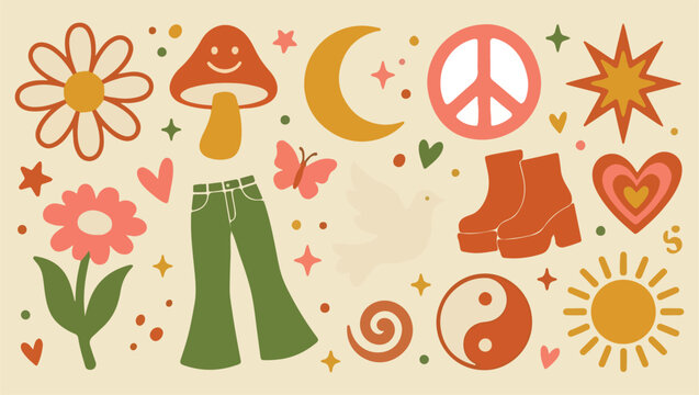 Bohemian festival style, hippie artistic elements, vintage retro icons, spiritual peace pattern, mystical moon symbols, groovy flower motifs, cosmic wonder graphics, eclectic soul design
bohemian, boh