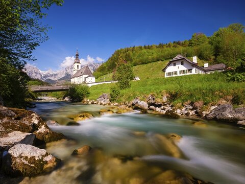 Parish church of St Sebastian on the Ramsauer Ache, behind Reiteralpe, Ramsau, Berchtesgadener Land, Upper Bavaria, Bavaria, Germany
