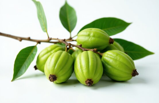Group of ripe green Garcinia Cambogia fruits hang on branch with leaves. Tropical fruits known for weight loss benefits, culinary uses. Also called Malabar tamarind kudampuli. Fruits smooth skin with