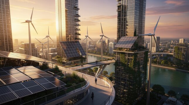 A futuristic urban landscape featuring tall buildings with solar panels and wind turbines, illuminated by a sunset over a river.