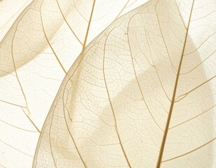Close-up of delicate transparent leaves showing intricate vein patterns, bathed in soft light