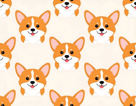Cute Cartoon Corgi Faces Repeating on Light Beige Seamless Background