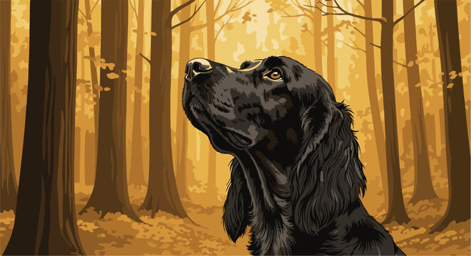 A dark-haired dog gazes upwards amidst a golden forest scene