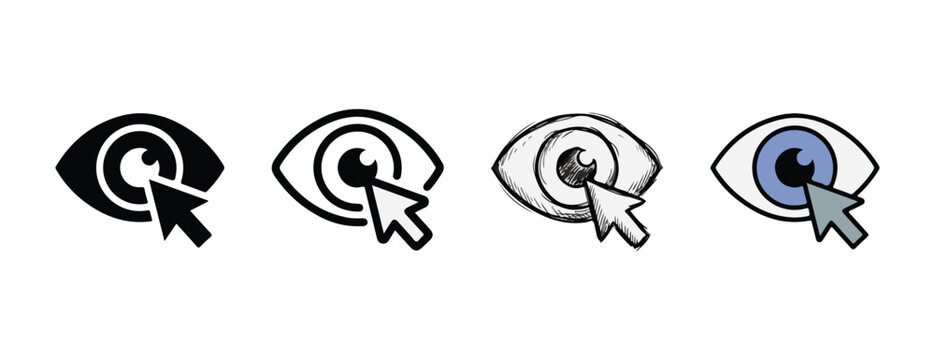 Four eye icons with cursor pointers showcasing different styles from simple black white to detailed blue iris isolated on transparent background