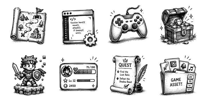 Game development sketch icon collection in black. Set of coding, gameplay, quests and asset creation icons in doodle style