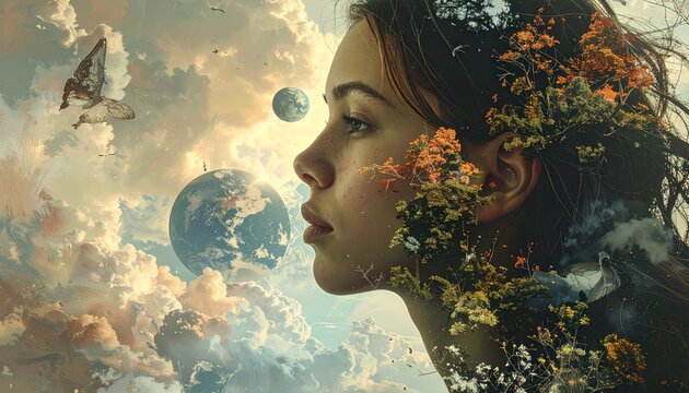 A woman's profile is merged with a celestial scene of clouds, planets, and flora