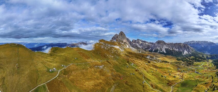 Clouds over the Geisler and Puez Group, wide-angle panoramic photo, Val Gardena, Dolomites, Autonomous Province of Bolzano, South Tyrol, Italy