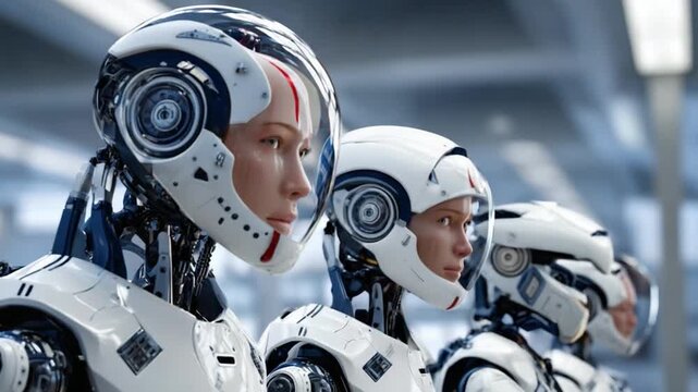 Cyborg Sentinels: A line of advanced cyborgs, their metallic visors reflecting a sterile environment, stand in formation, hinting at a future where humanity and technology merge.