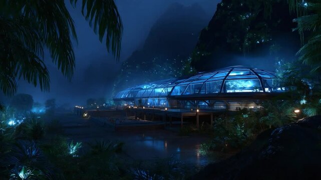 Jungle Research Outpost at Twilight: A futuristic research outpost, characterized by its glass dome and elevated structure, is nestled deep within a dense, misty jungle landscape as twilight descends.