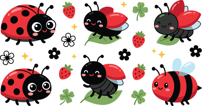 Cute ladybug and bee cartoon collection featuring smiling insects, strawberries, clover leaves and playful spring nature characters