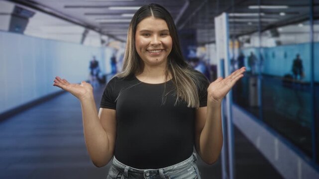 Young woman shrugging with hands open in airport corridor, wearing black tshirt and denim shorts; playful curiosity.