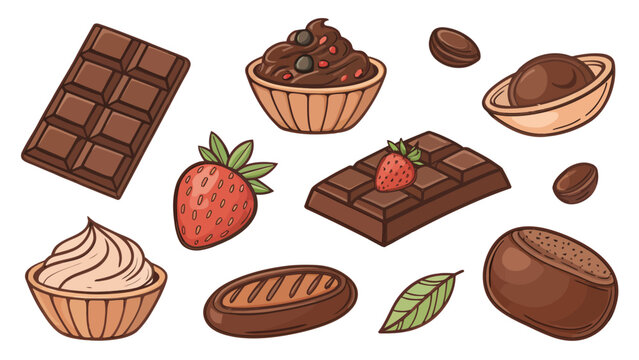 Assorted chocolate treats and cocoa ingredients sticker set featuring delicious bars fresh strawberries creamy mousse and nuts on a white background