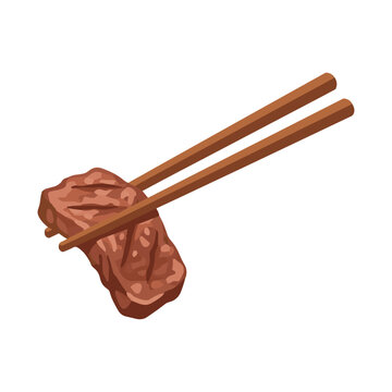 Grilled Beef Meat Chopsticks Asian Food Flat Vector Illustration Isolated White Background